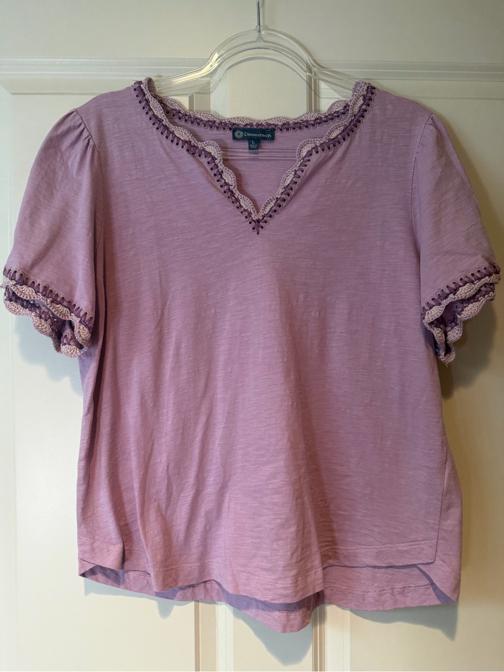 Democracy Lavender Short-Sleeve V-Neck Top with Crochet Trim